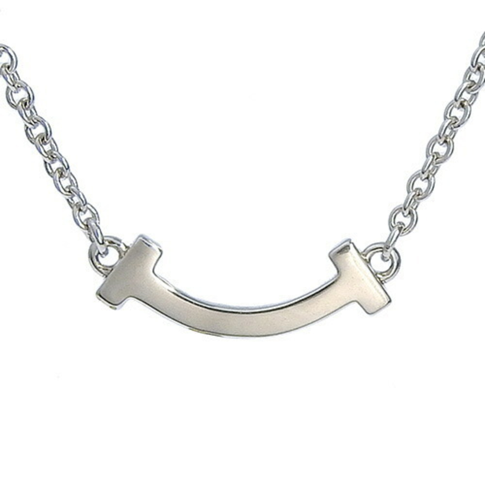 TIFFANY Co T Smile Pendant Diamonds White Gold WG Necklace Silver